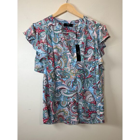 T-Tahari Flutter Sleeve Blouse Shirt Women's Size Small Royal Paisley Print - Picture 5 of 9